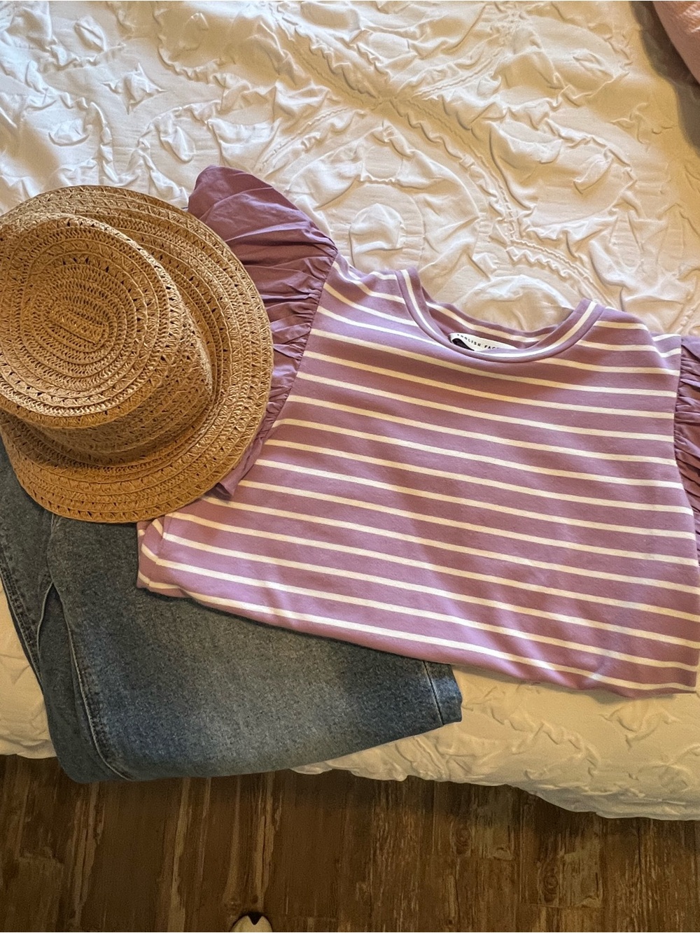 English Factory Lavender & White Striped Puff-Sleeve Sweatshirt Top